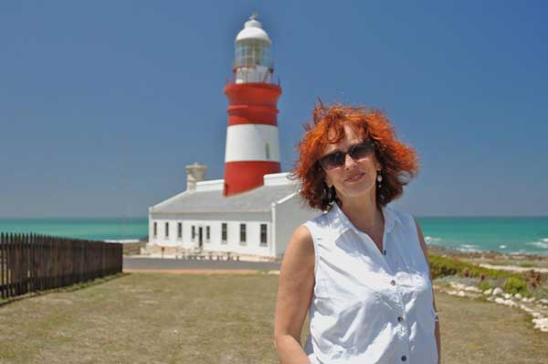 Bel Mooney at Cape Agulhas lighthouse